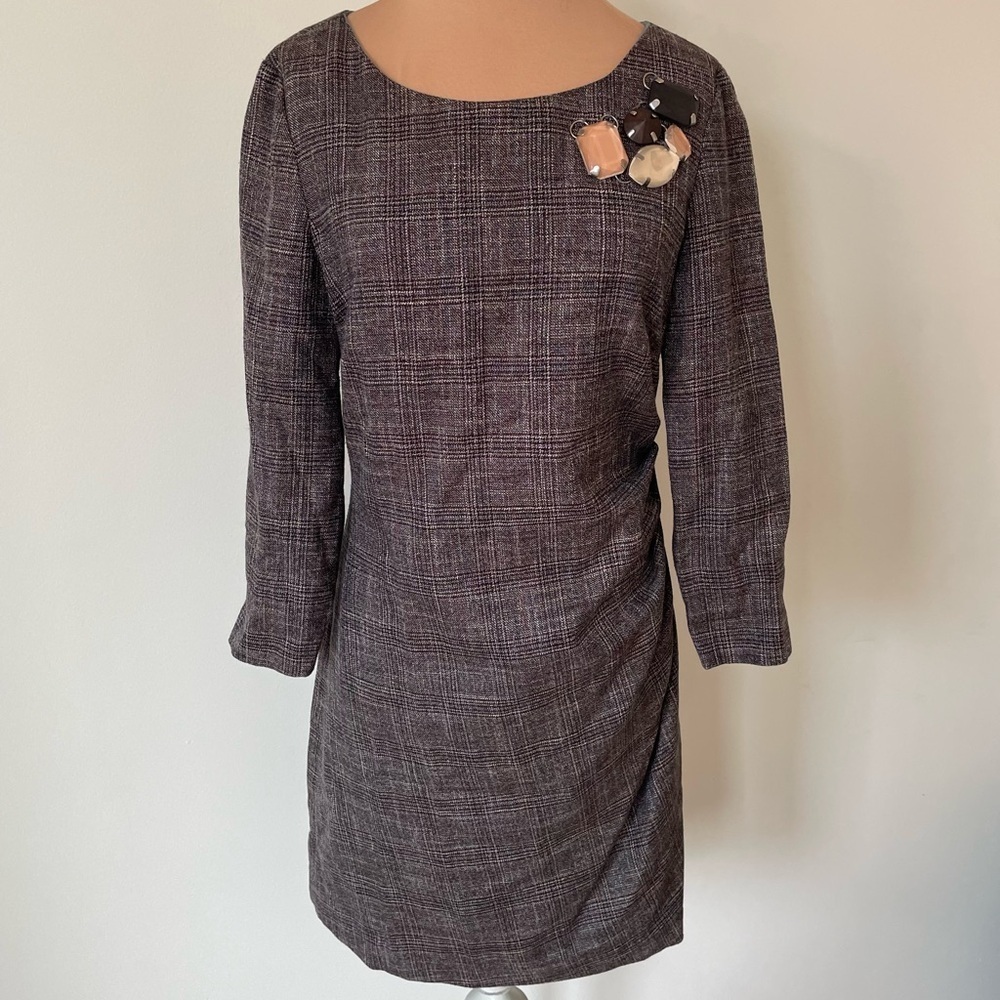 Piazza Sempione Wool Viscose Jeweled Shoulder Brown Gray Plaid Sheath Dress 40/4